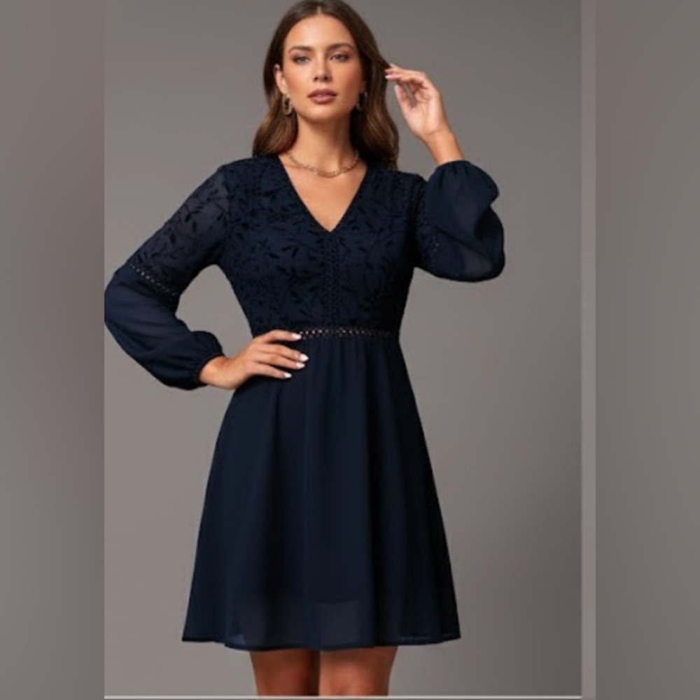 Guipure Lace Insert Lantern Sleeve Chiffon Dress Blue - Picture 3 of 12